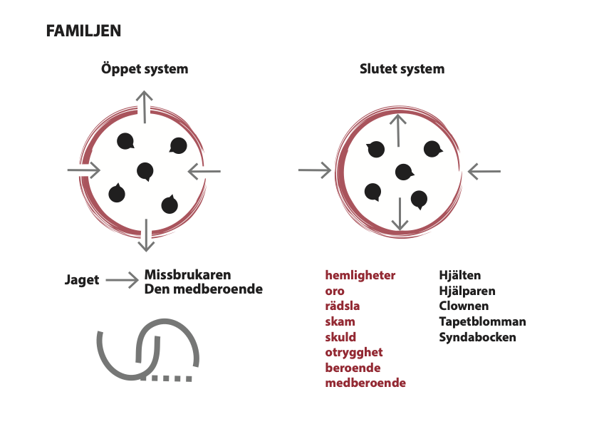 Öppna och slutna familjesystem – i det senare frodas hemligheter, oro, rädsla, skuld, skam, otrygghet, beroende och medberoende.